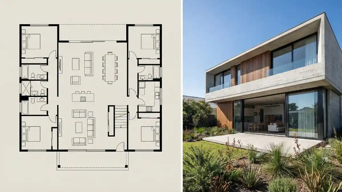 Brutalist Concrete and Warm Wood - 4 Bedroom Haven with Seamless Flow