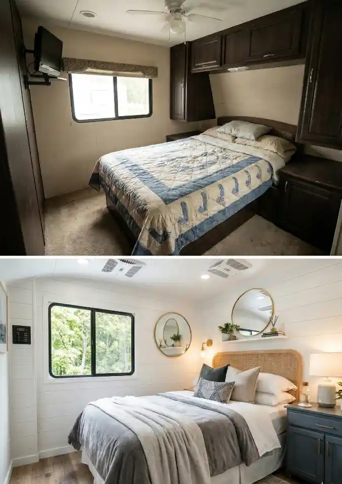 Cabin-Cramped to Coastal Chic A Masterclass in RV Bedroom Refinement