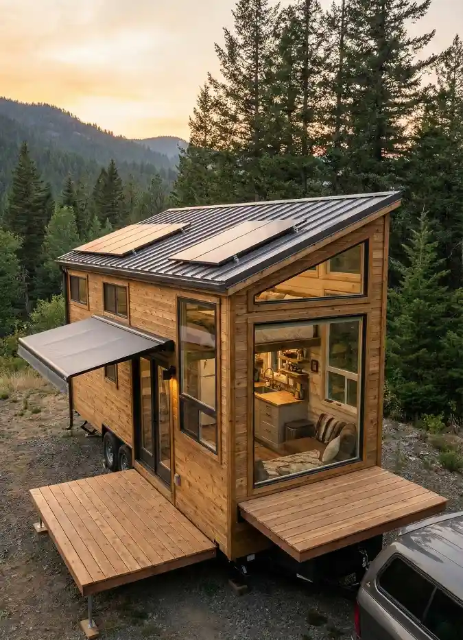Cedar-Clad Sanctuary with Sky-High Glass - Tiny Home Living Redefined