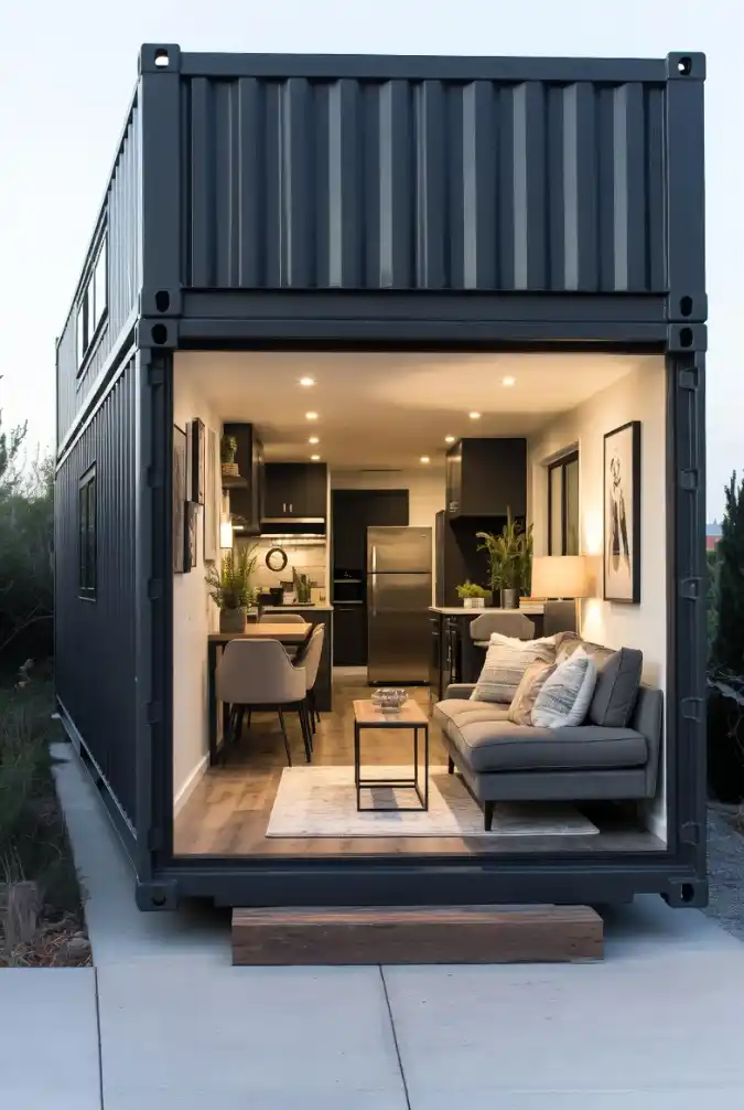 Charcoal Chic Open-Air Lounge - Shipping Container Interior with a Modern Edge