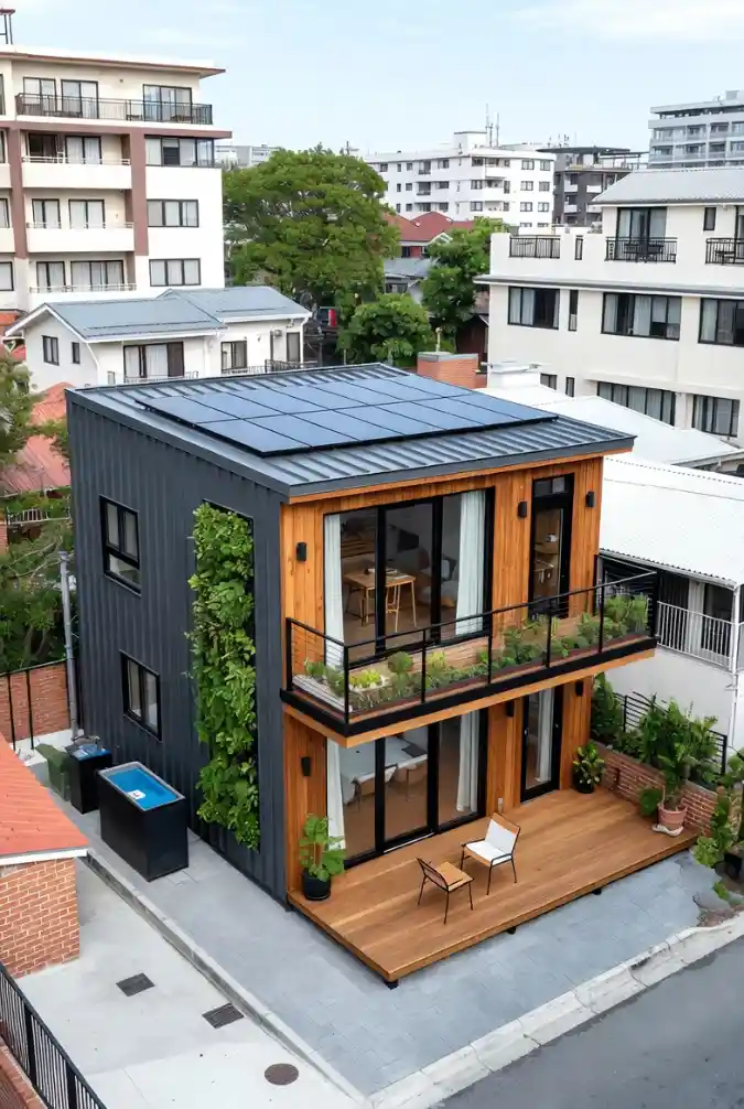 Charcoal Steel and Warm Cedar Cube - Off-Grid Living with a Modern Edge