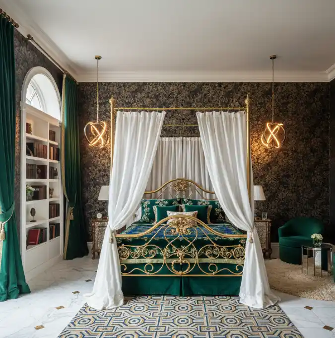 Emerald and Gold Regal Sanctuary - Mansion Bedroom with Royal Flair