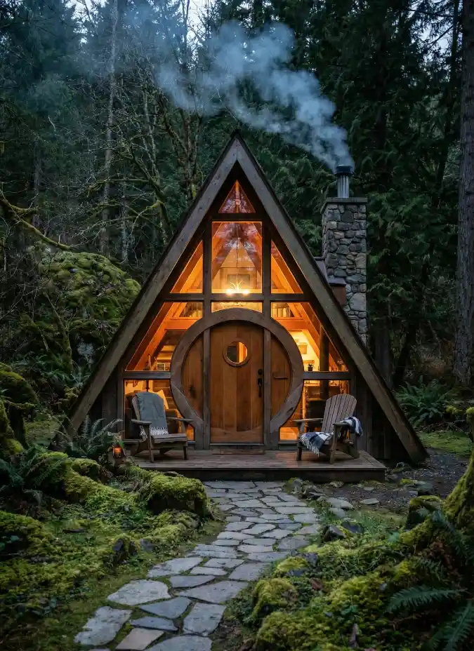 Enchanted Hobbit-Style A-Frame — Cozy Woodland Retreat with Rustic Charm