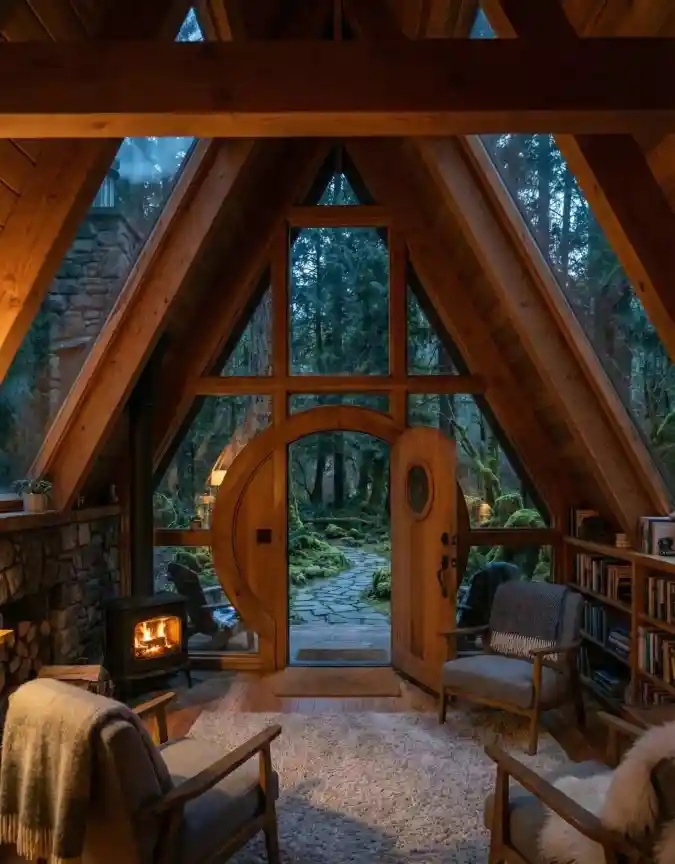 Enchanted Hobbit-Style A-Frame — Cozy Woodland Retreat with Rustic Charm