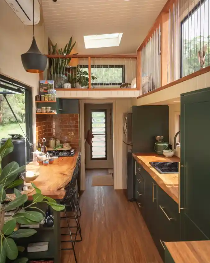 Forest Moss and Live-Edge Luxe - Tiny Kitchen Layout with Vertical Character