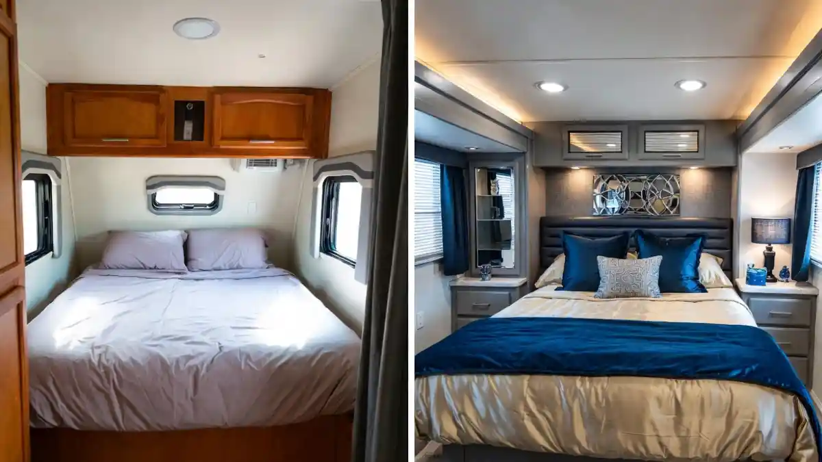 From Wood-Grain Dated to Midnight Blue Luxury - RV Bedroom Evolution