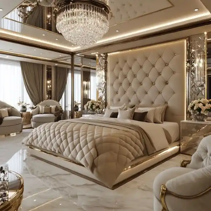 Gilded Cream Sanctuary - Mansion Bedroom with a High-End Glow
