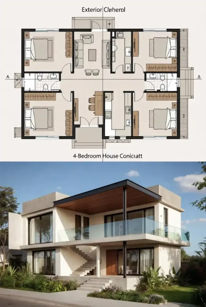 Glass-Front Duo-Level Haven - Modern 4 Bedroom House Designs With Open Floor Concepts