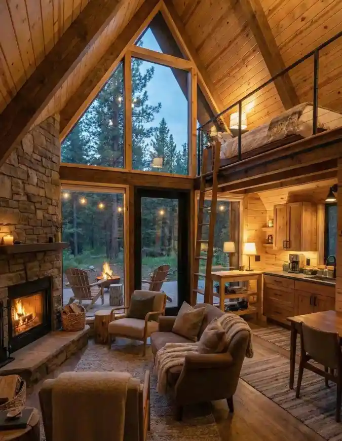 Glowing Twilight Retreat - A-Frame Escape With Rustic Modern Charm