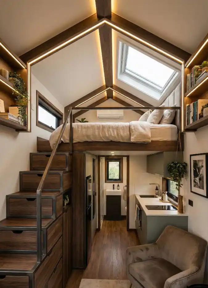 Glowing Walnut Haven - Loft Living with a High-End Glow