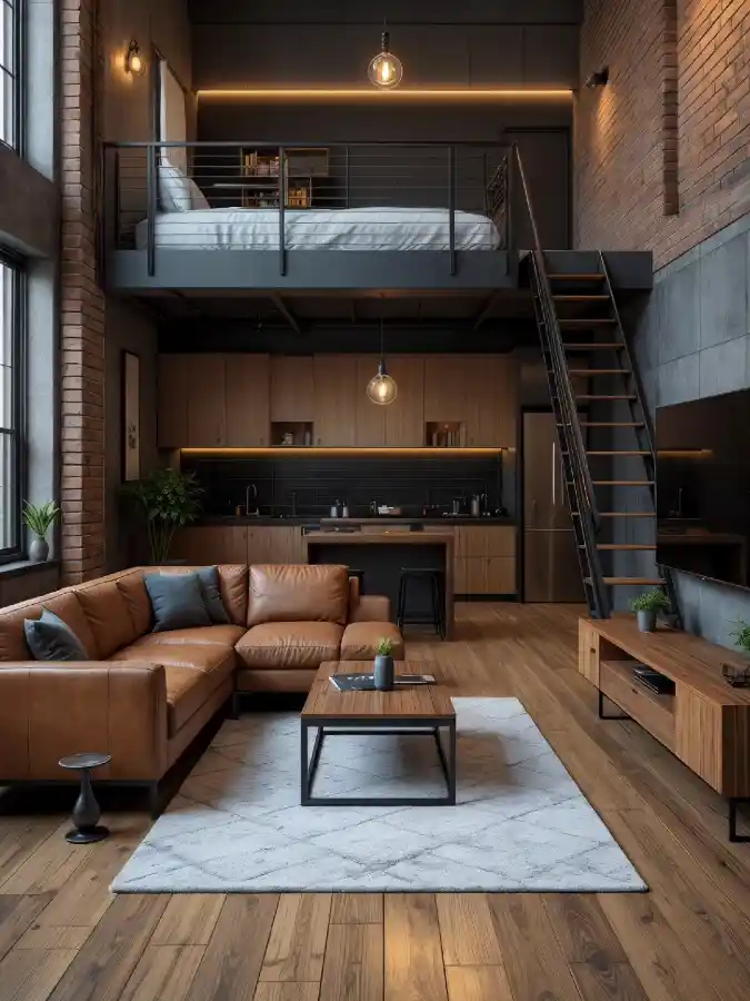 Industrial Brick and Warm Leather Loft - Elevating Tiny Home Living