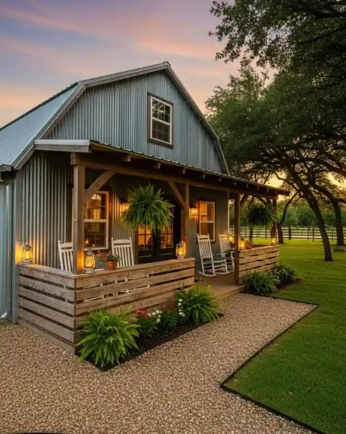 Industrial Chic Meets Sunset Glow — Tiny Home Exterior with a Corrugated Twist