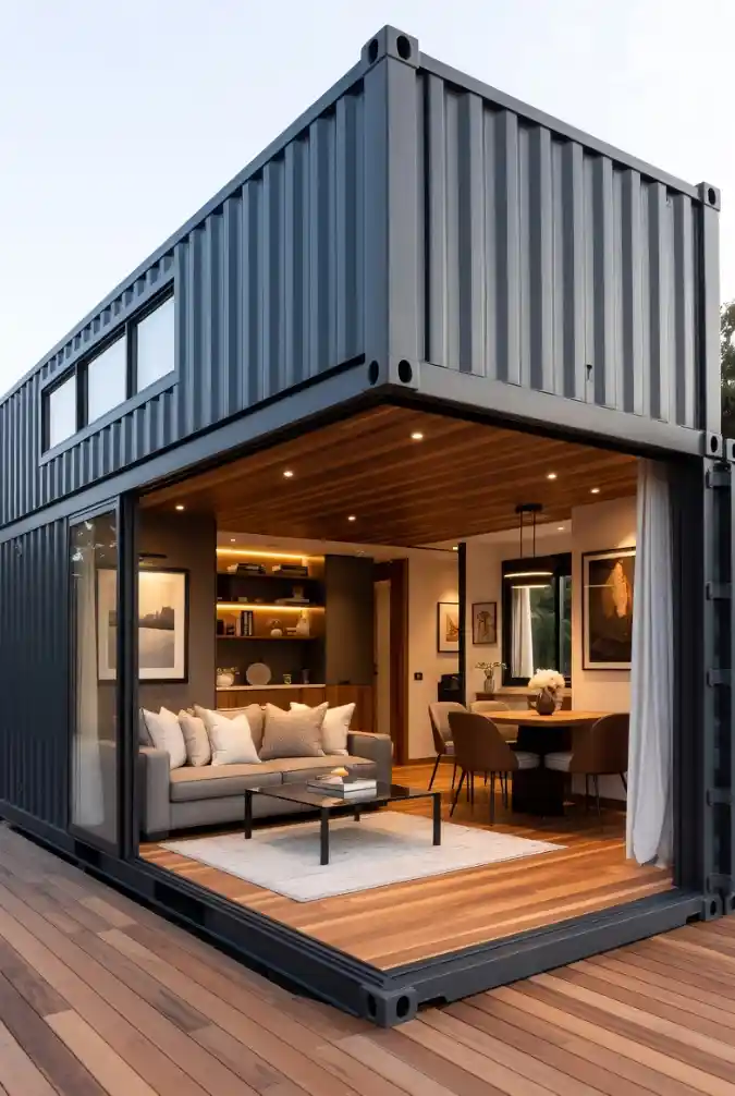 Industrial Chic Meets Warm Walnut - Shipping Container Living Reimagined
