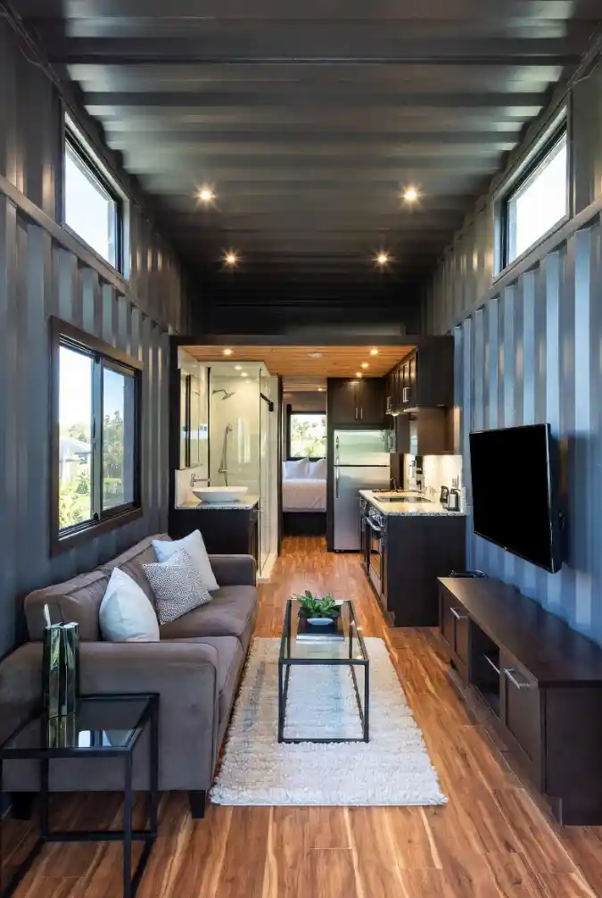 Industrial Slate and Warm Oak Haven - Container Living with a Modern Edge