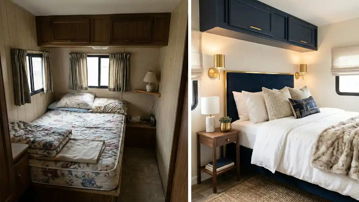 Midnight Navy & Gold Sanctuary - Boutique RV Bedroom Metamorphosis