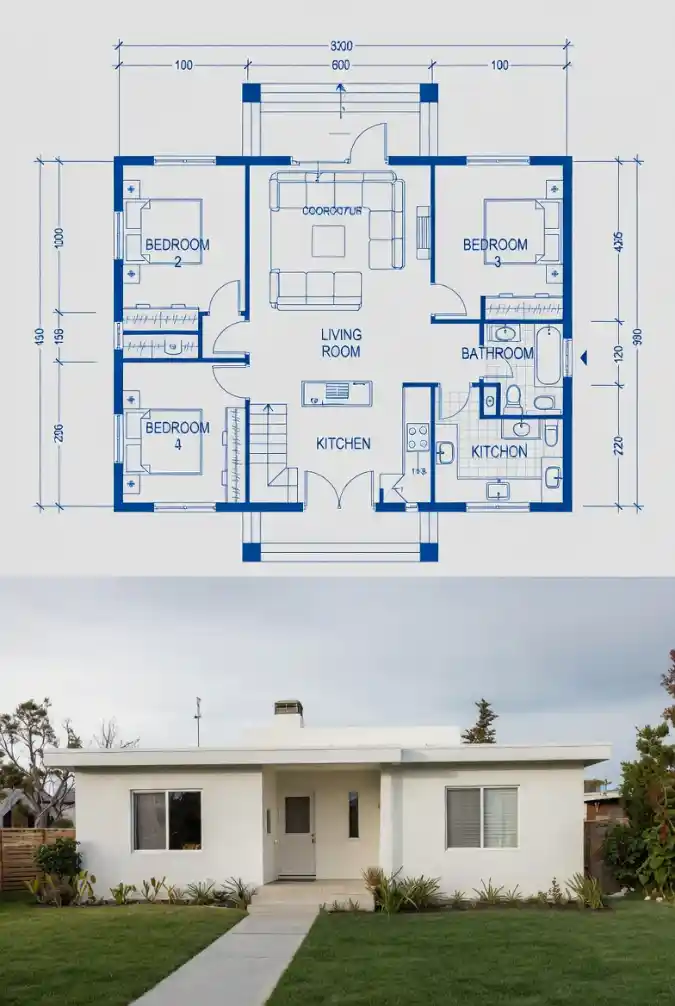 Minimalist White Stucco Haven - 4 Bedroom Plan with Geometric Precision
