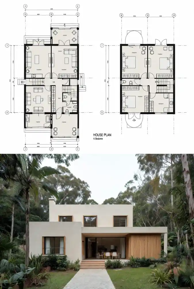 Modern Minimalist Forest Retreat - 4 Bedroom House Plan with Organic Textures