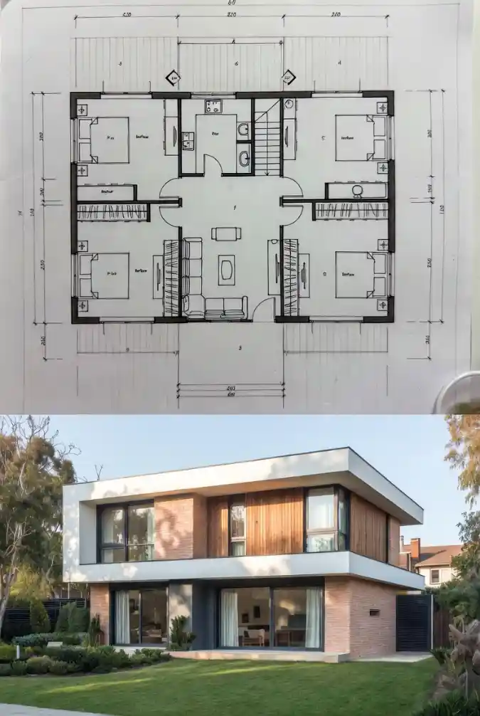 Modern Mixed-Material Masterpiece - Four-Bedroom Plan With Architectural Depth
