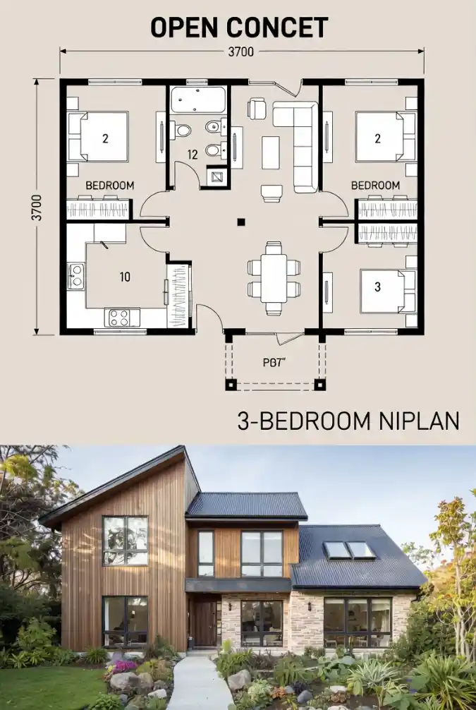 Modern Wood and Stone Haven - Open Concept 3 Bedroom Plan