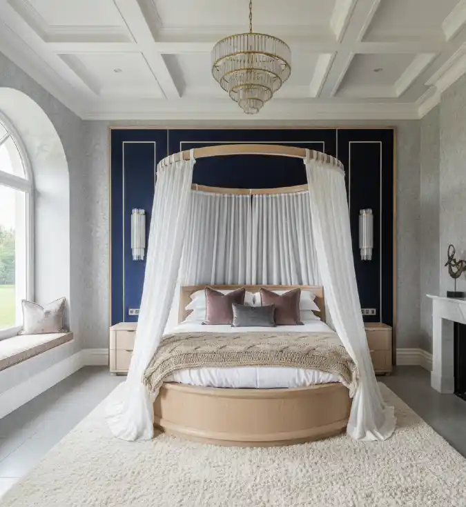 Navy Elegance Meets Circular Comfort — Mansion Bedroom with a Bold Focal Point