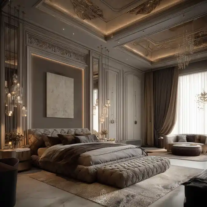 Neoclassical Champagne Sanctuary — Mansion Bedroom Interiors with Regal Grandeur