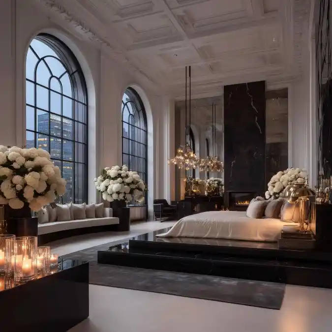 Neoclassical Noir Sanctuary — A Bold Spin on Mansion Bedroom Opulence