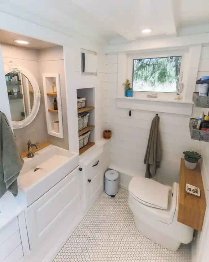 Pearl White & Penny Tile Haven — Tiny Bathroom Big on Texture