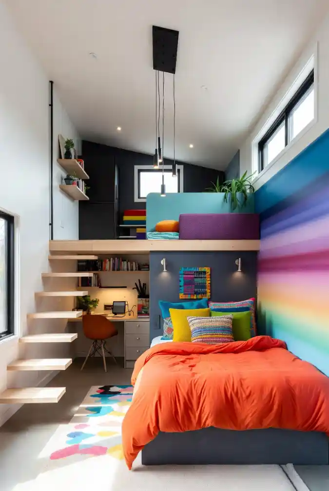 Rainbow Modernism: The Vertical Masterpiece Loft - Designing for Vibrant Tiny Living