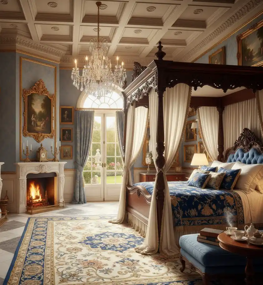 Royal Blue and Gold Grandeur - Victorian Mansion Bedroom Masterpiece