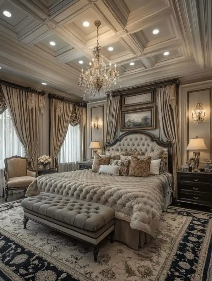 Royal Taupe and Crystal Sanctuary - Mansion Bedroom with Grand Coffered Ceilings