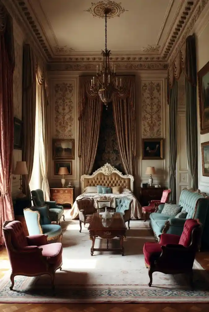 Royal Velvet and Gold Sanctuary - Mansion Bedroom with Period Grandeur