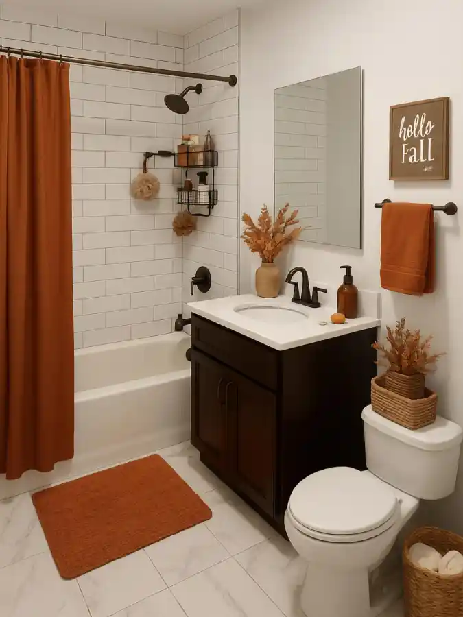 Rust and Walnut Warmth — Tiny Bathroom Maximized with Fall Flair