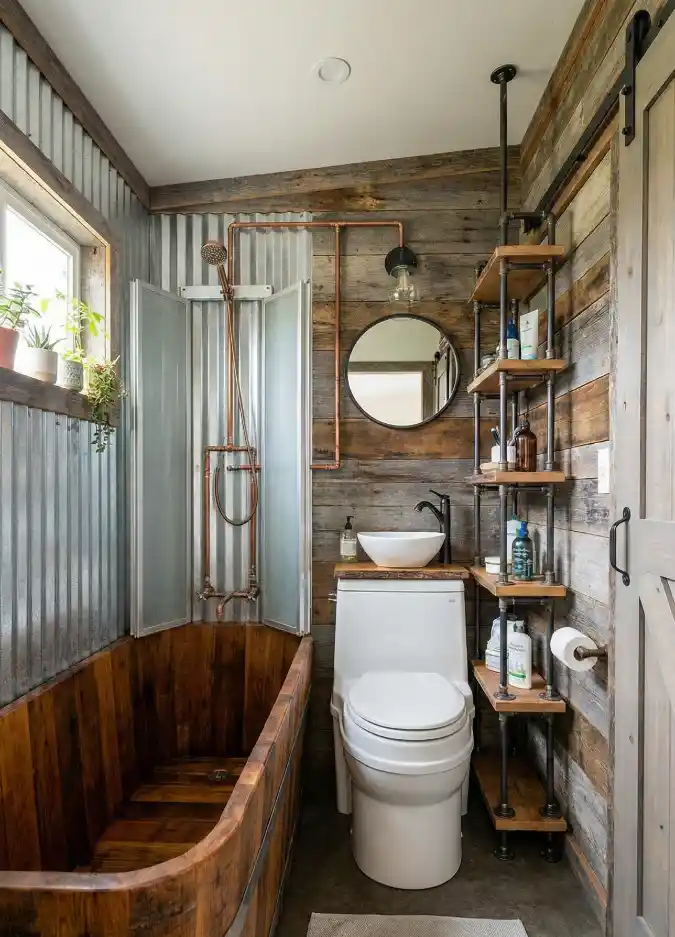 Rustic Industrial Sanctuary - Tiny Bathroom with Corrugated Metal and Reclaimed Wood