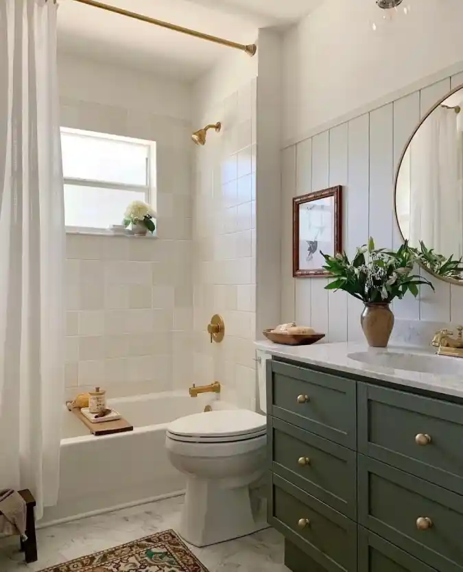 Sage and Brass Sanctuary - Bathroom Efficiency with a Sophisticated Edge