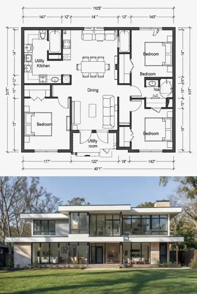 Sleek Glass Oasis - Modern Minimalist 3-Bedroom Layout