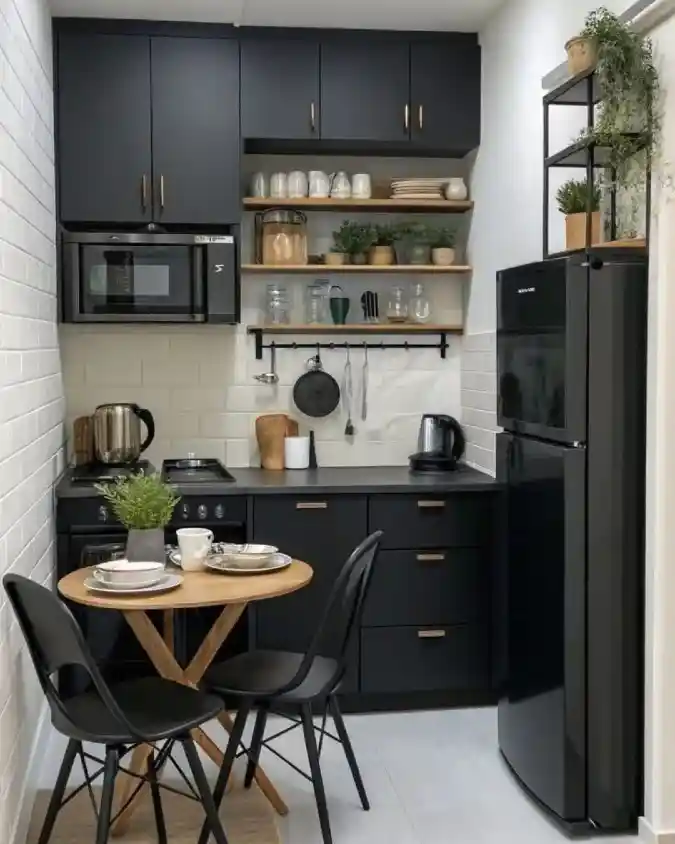Sleek Noir Efficiency - A Masterclass in High-Contrast Small Space Cooking