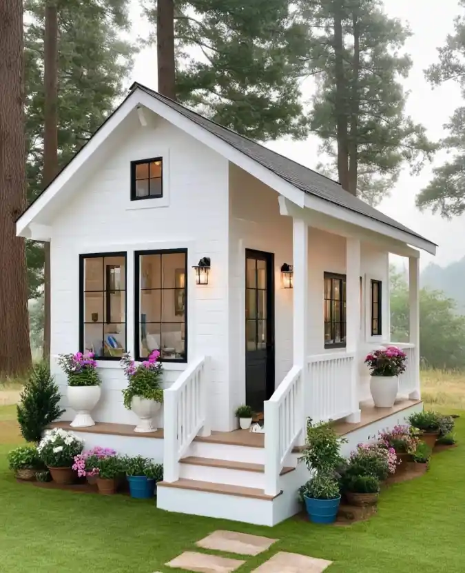 Snow-White Forest Cottage - Tiny Exterior with Major Curb Appeal