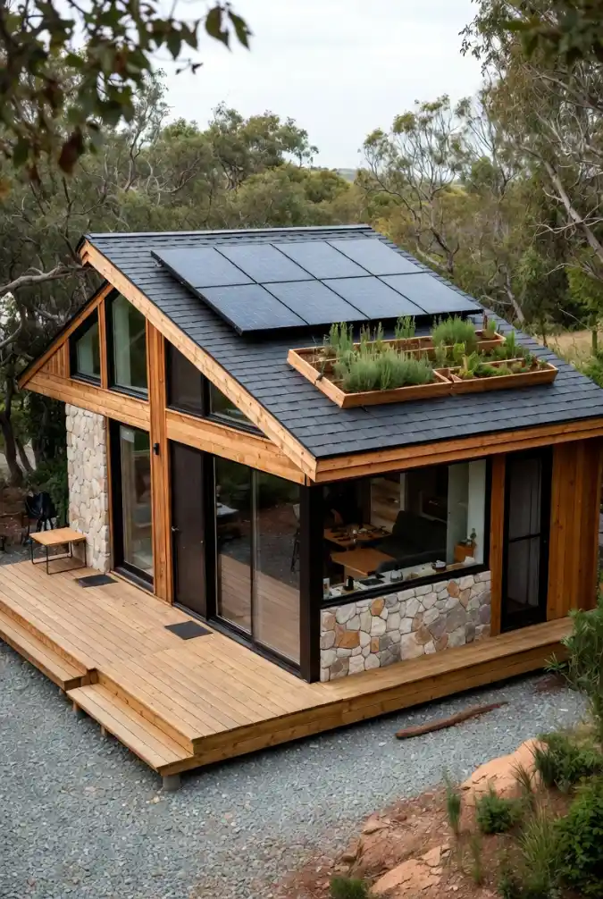 Solar-Powered Stone and Timber Sanctuary - Off-Grid Living with Modern Flair
