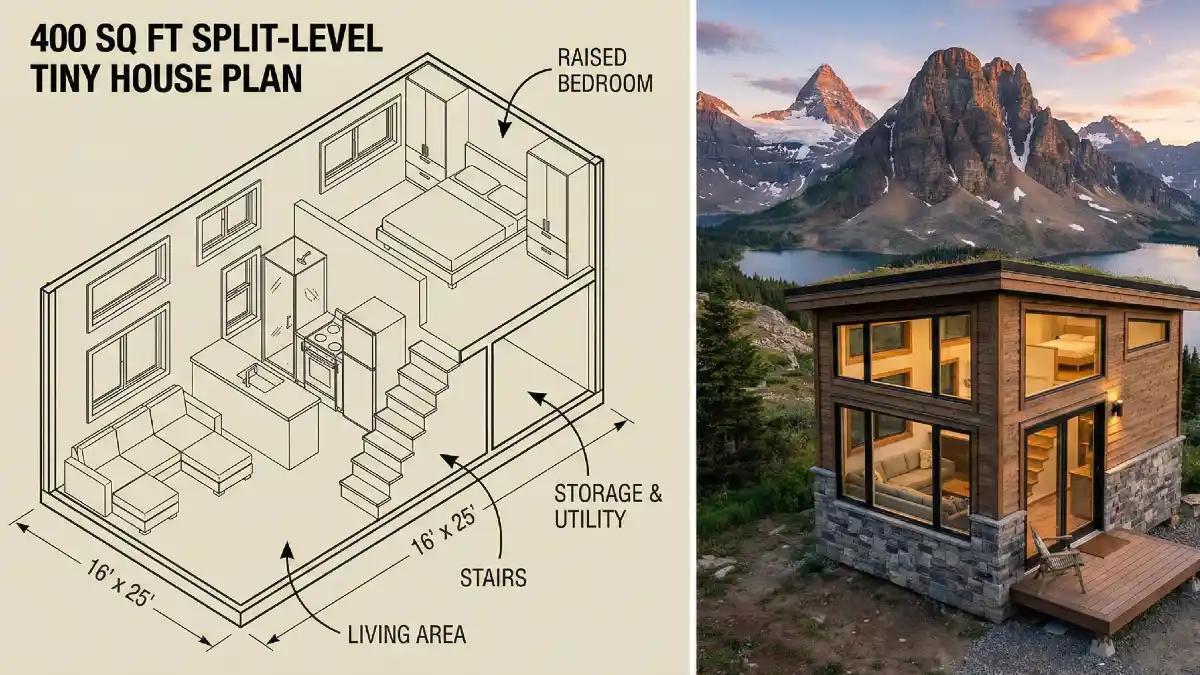 Stone-Clad Split-Level Retreat — Maximizing Verticality in 400 Square Feet