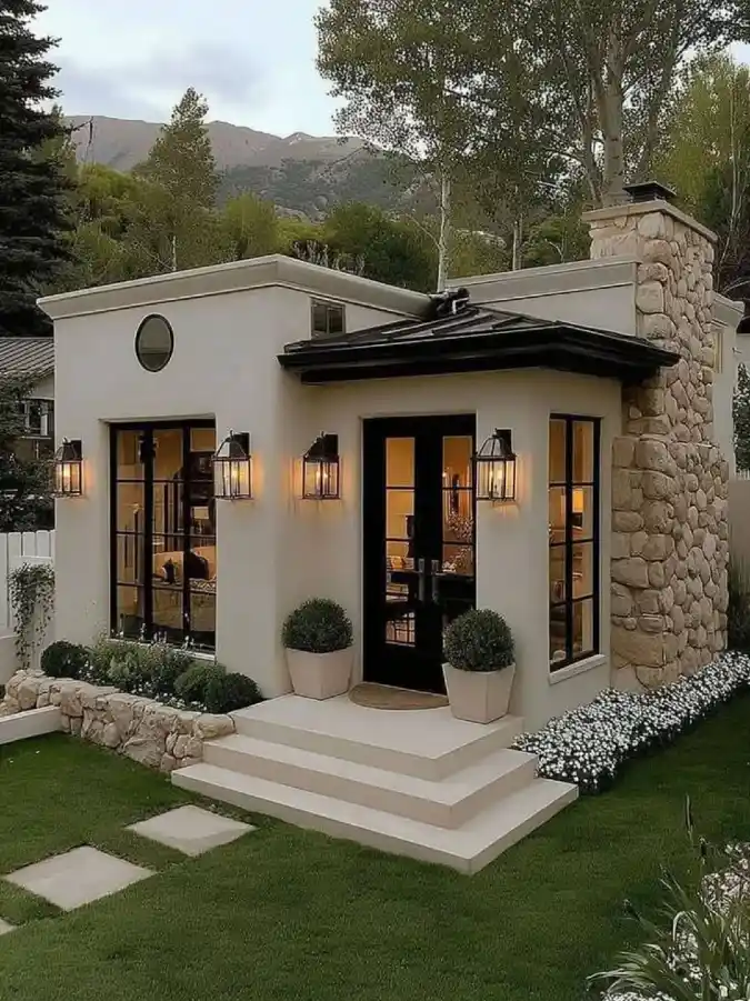 Stucco and Stone Storybook Cottage - Tiny Home Exterior with Mountain Magic