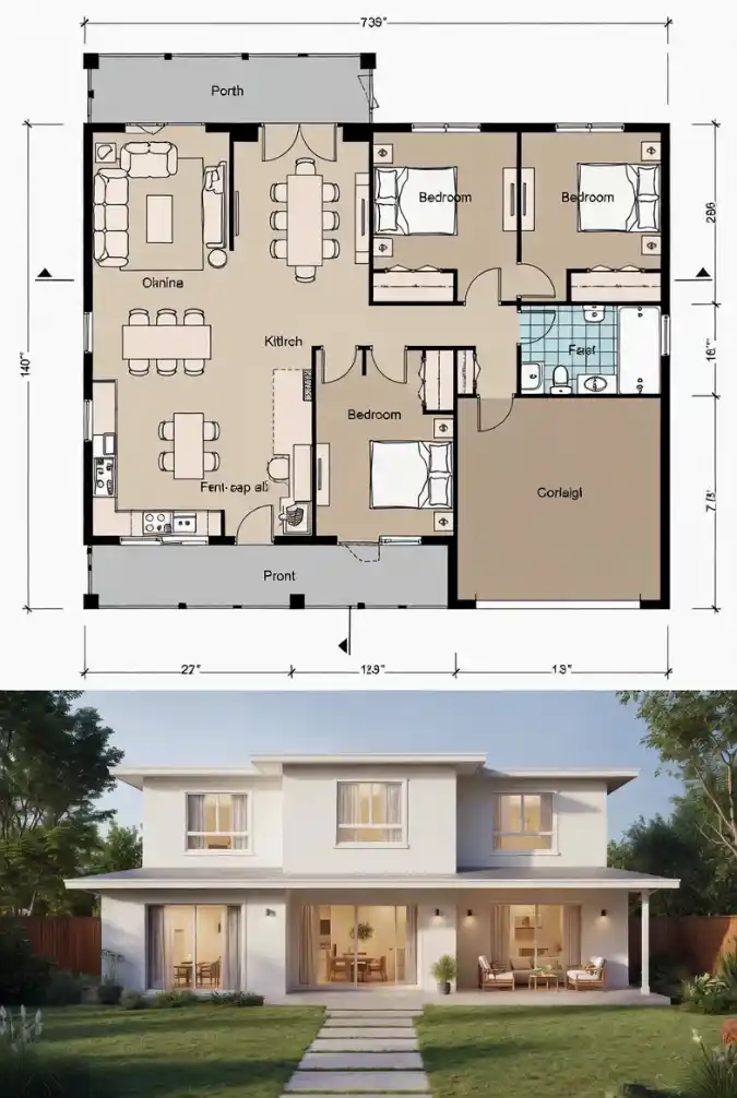 Sun-Drenched Modern Minimalist Layout - Open Concept 3 Bedroom Plan