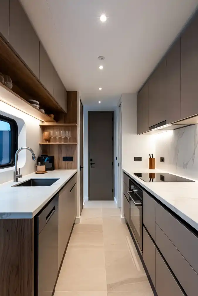 Taupe Minimalist Galley - A Narrow Kitchen with High-End Soul