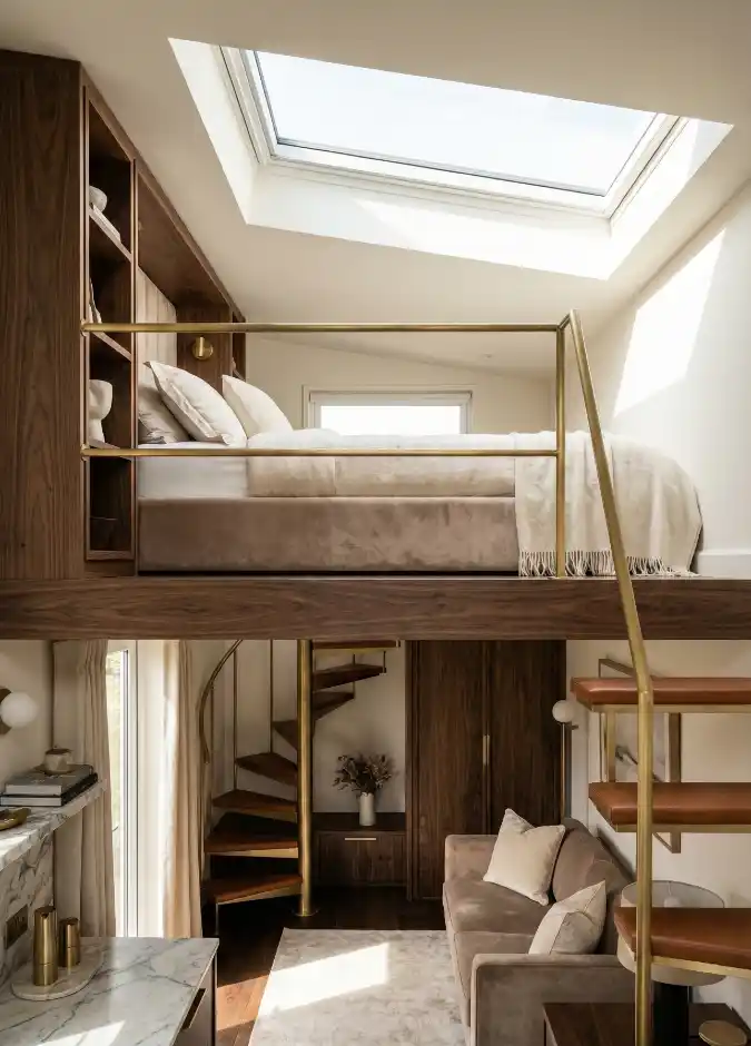 Walnut & Gold Celestial Loft – Elevating Small Spaces with Vertical Luxury