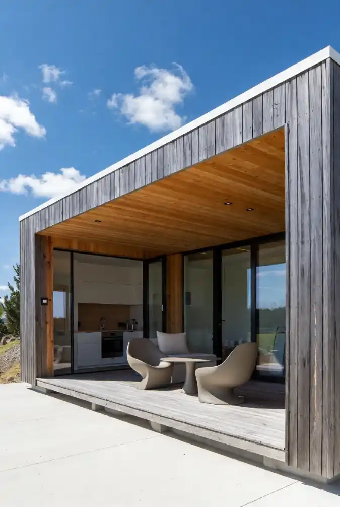 Weathered Wood & Glass Retreat - Outdoor Lounge Expands Your Horizon