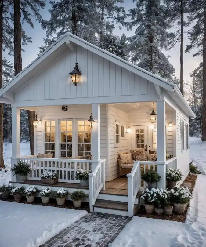 Winter White Woodland Cottage - Tiny Home Exterior with Snowy Charm