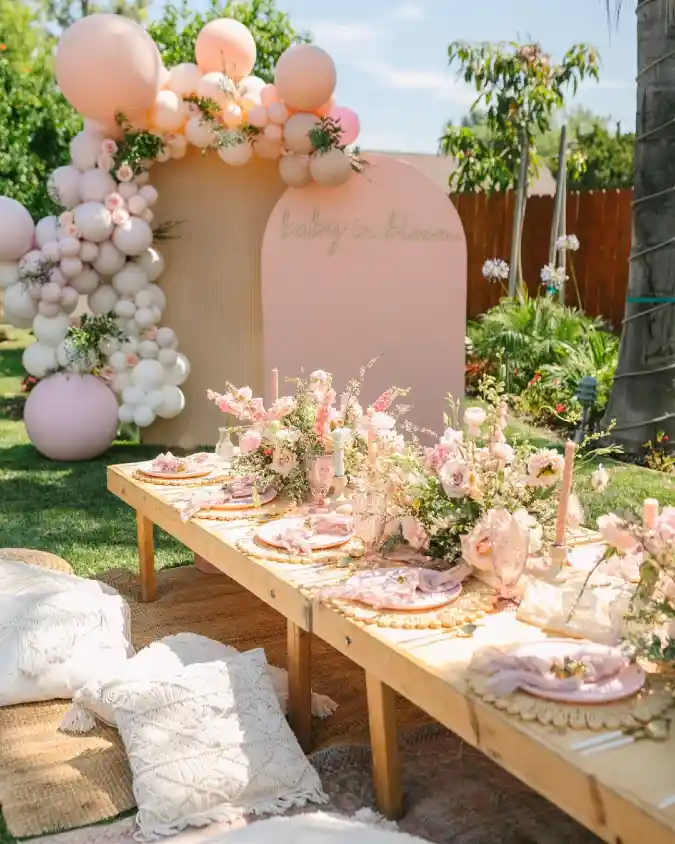 Blush Arched Backdrop and Picnic Perfection - Baby in Bloom Outdoor Celebration