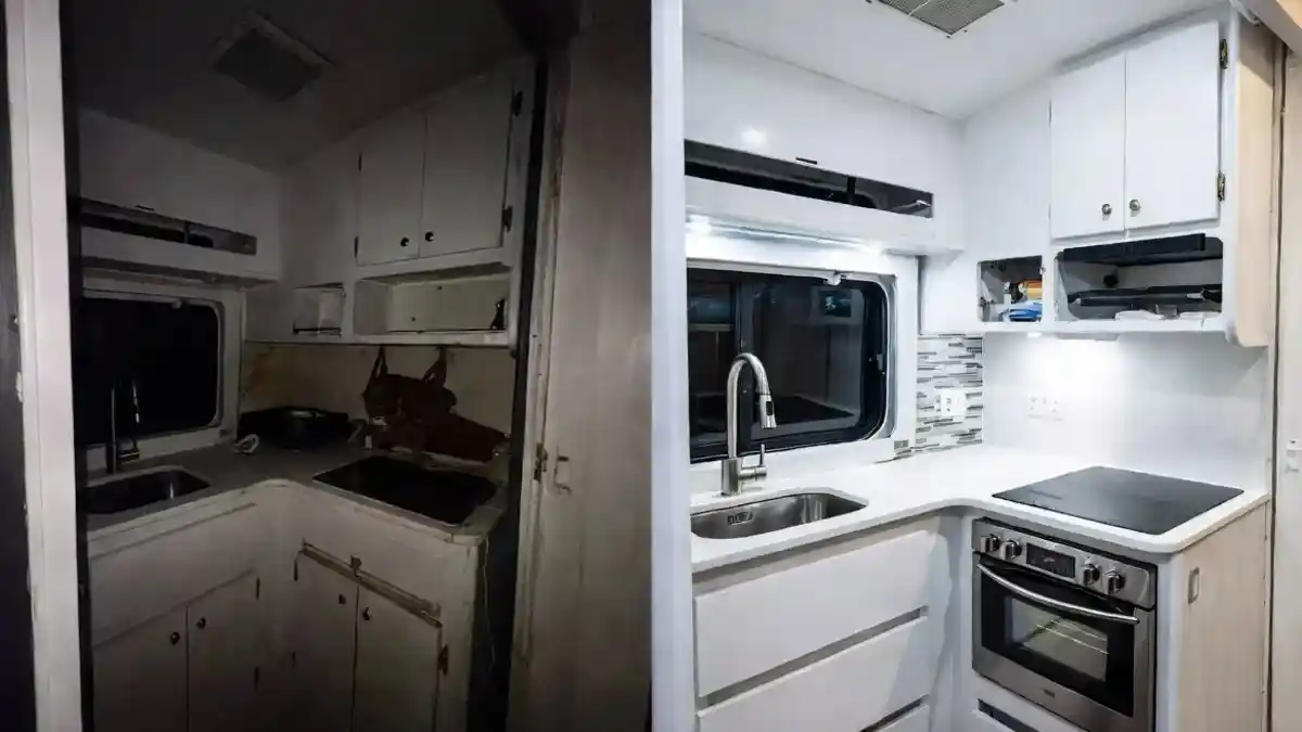 Bright White Compact Culinary Oasis - RV Kitchen Transformation with a Modern Glow