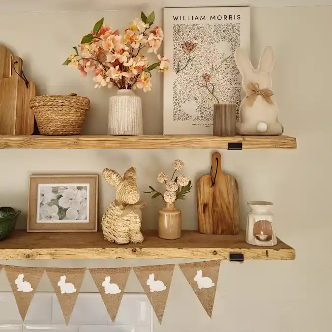 Burlap and Bunny Bliss - Rustic Shelving for an Enchanting Easter Kitchen