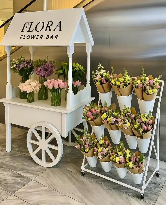Crisp Alabaster and Pastel Bloom Cart - Flower Bar with a Modern Minimalist Twist