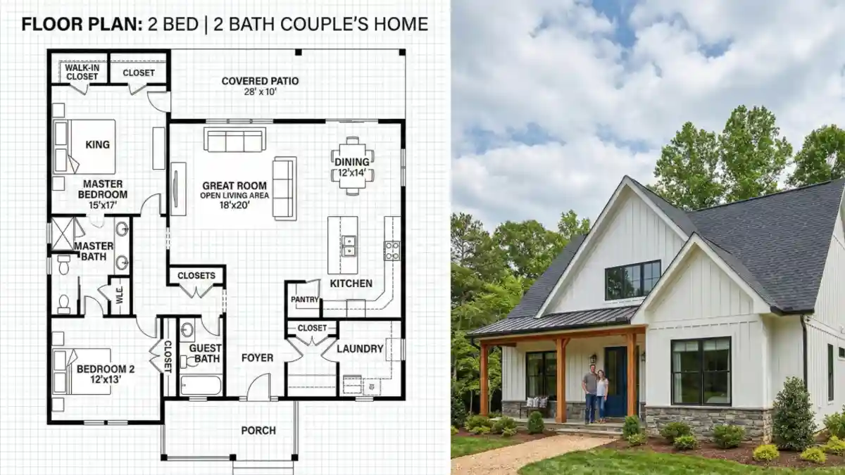 Crisp White Modern Farmhouse Haven - Perfect 2 Bedroom House Plans for Couples